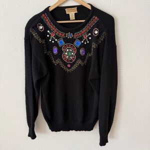 Vintage Jewel Embellished Black Knit Sweater